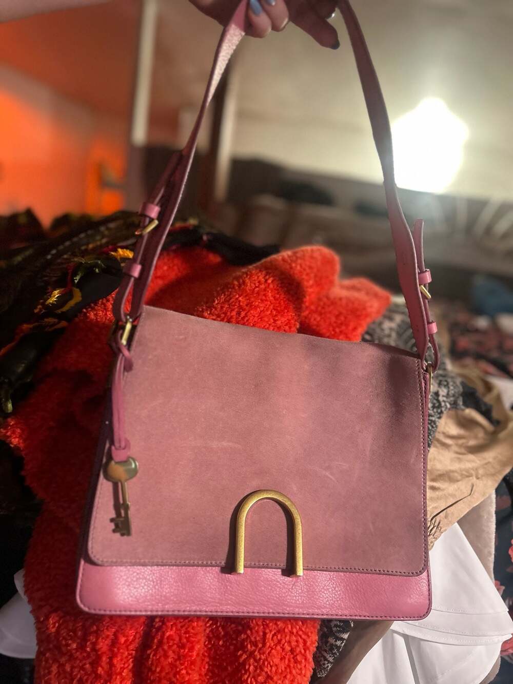 Fossil Women's Finley Leather and Suede Shoulder Bag Wild Rose